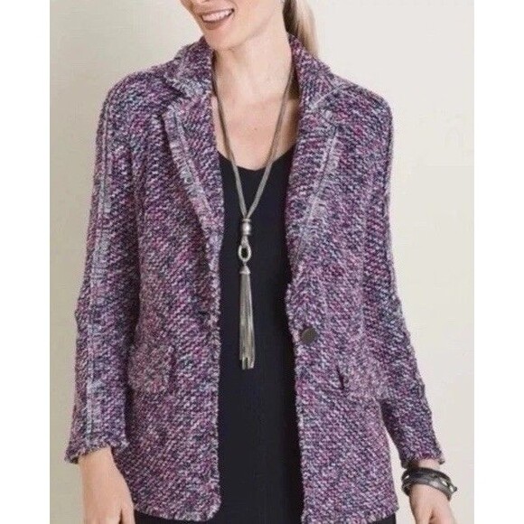 Chicos Blue Pink Structured Sweater Blazer  Cardigan Jacket Size 2P Large LP - Picture 1 of 9